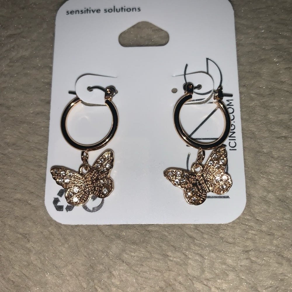 Butterfly gold small hoop earrings - white diamonds on wings
